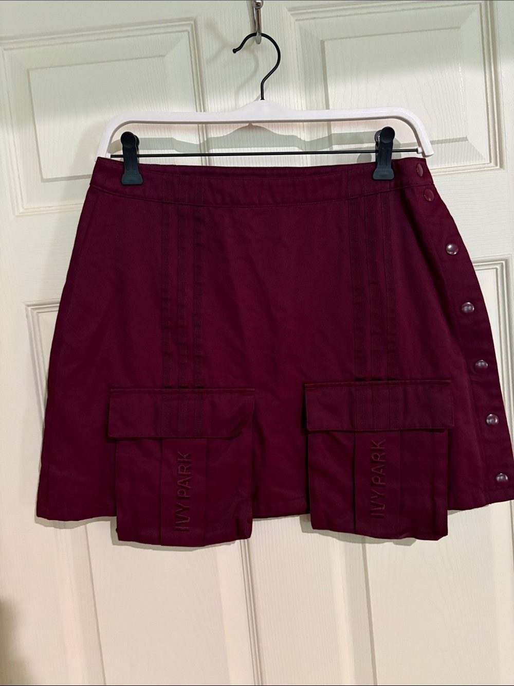 Adidas IVY PARK Deep Burgundy Cargo Mini Skirt with Snap Side Detail